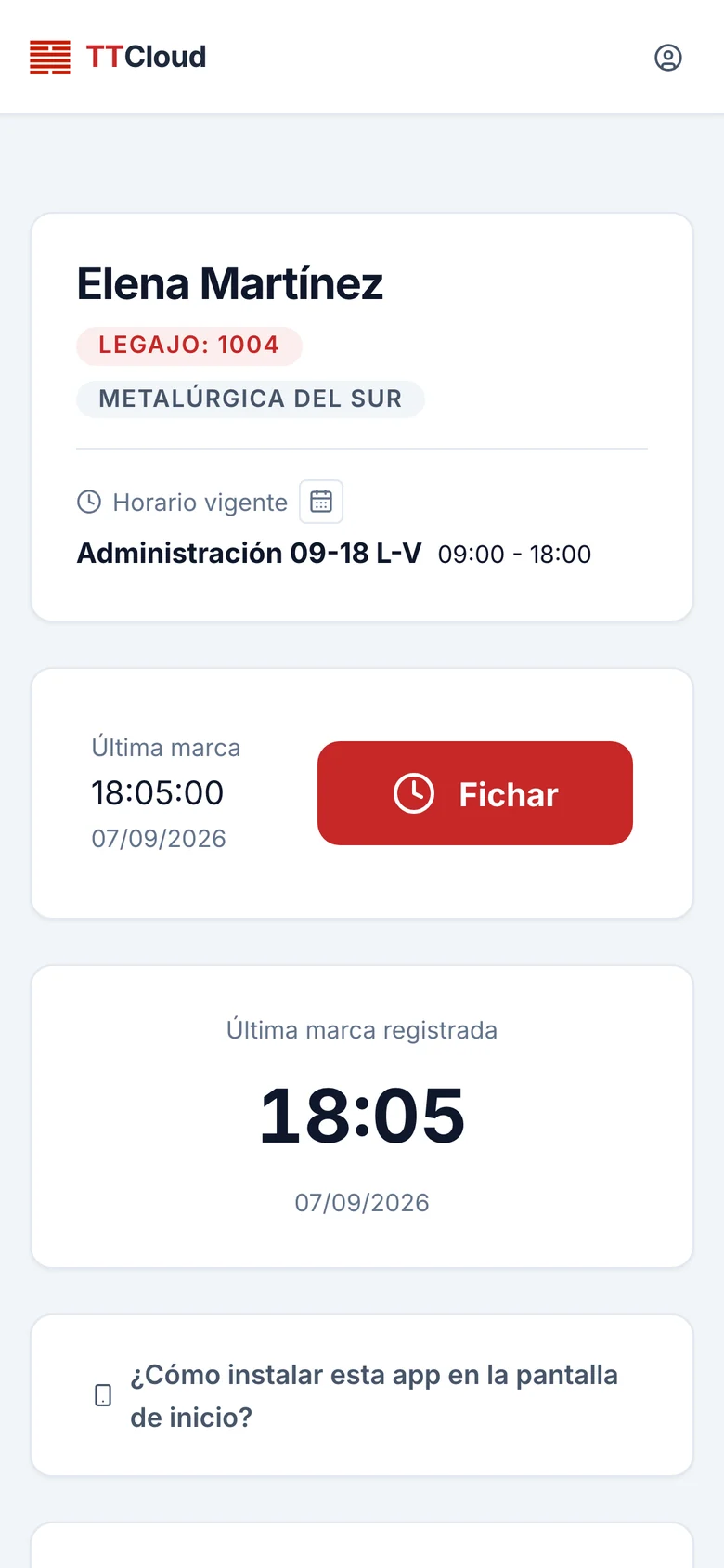 Portal del empleado en el celular, con el horario vigente y el botón Fichar